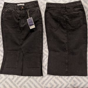 Zara Black Denim Slit Midi Skirt Raw Hem